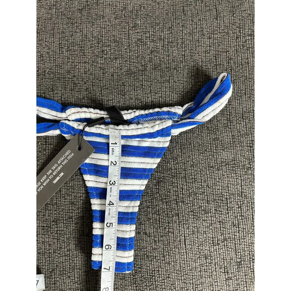 Triangl Terry Cloth Thong Bikini Bottom Blue White Stripe Swim Size S NWT